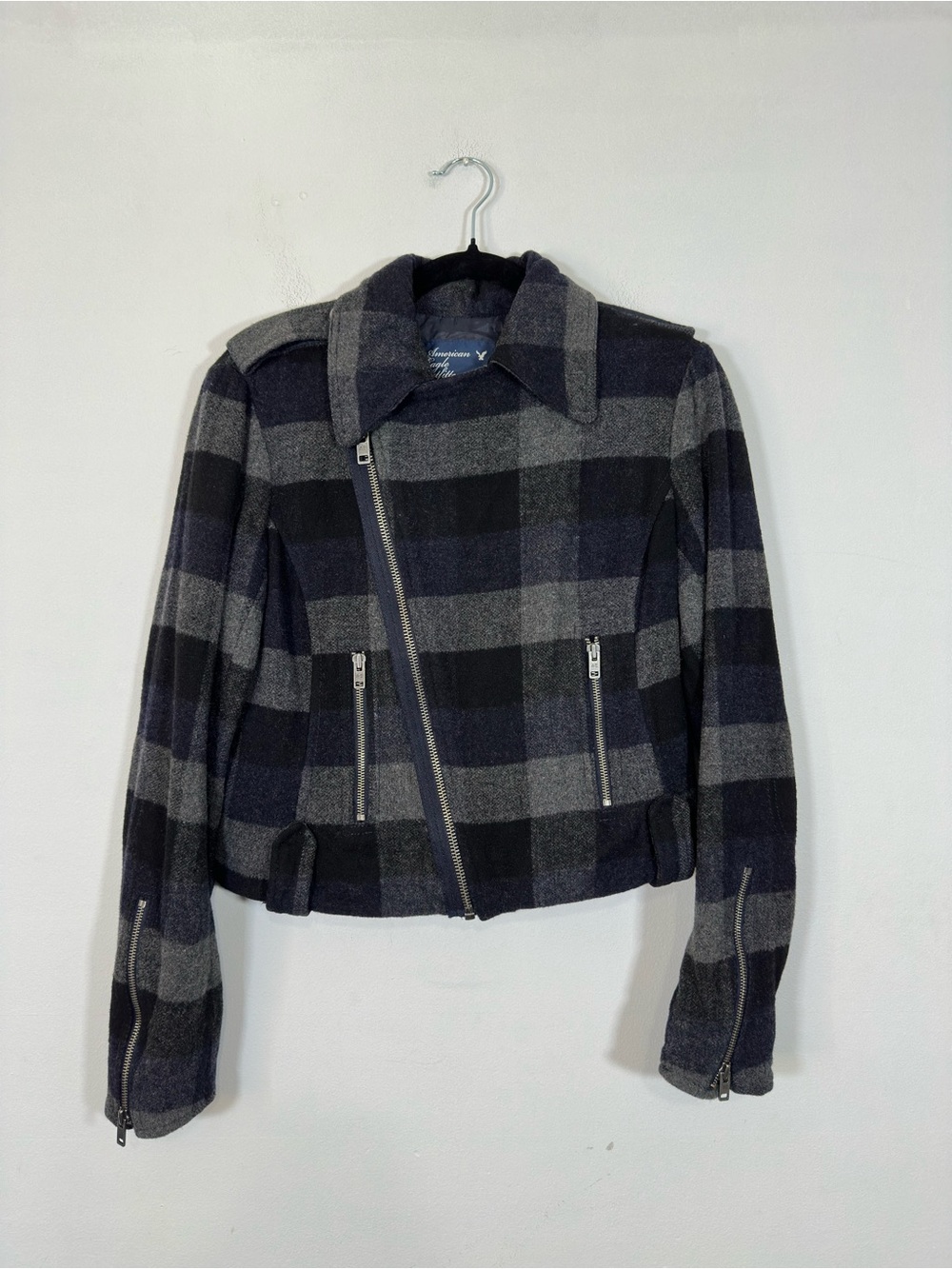 American Eagle Women's Wool Blend Moto Jacket Size M Plaid Preppy Fall Layering